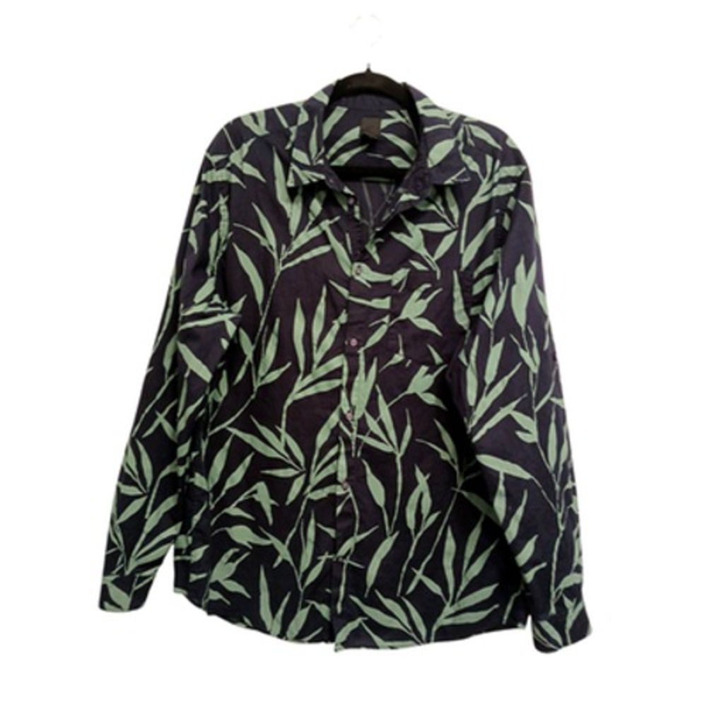 H&M Black Tropical Shirt L Leaves Travel Hawaii Luau Party Modern Long Sleeves